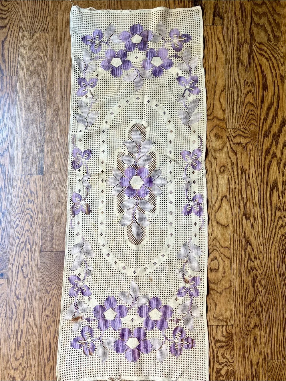 Vintage Handmade Crochet Runner with Lavender Floral Design